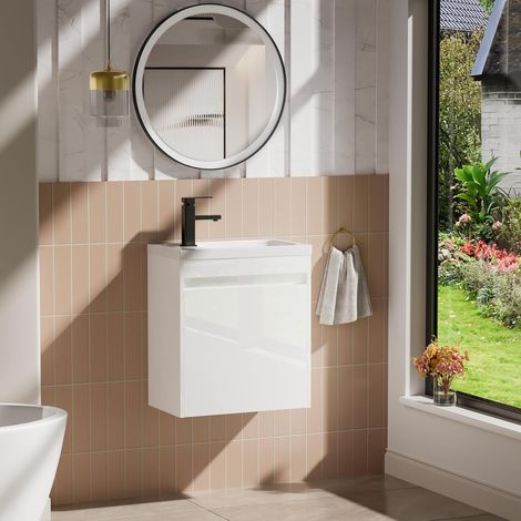 UEV Mobile da Bagno Sospeso 50 cm con Lavabo in Resina, 3-in-1 Set Arredo Bagno con Rubinetto Efficiente, Scarico POP-UP, Mobiletto con Ampio Spazio di Archiviazione (1/5)