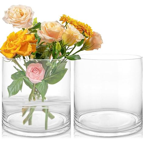 Vases en Verre Transparent 20 x 20 x 20 cm, Vase Cylindrique Droit pour Fleurs, Bougies et Centres de Table, Décoration de Mariage, Salon, Table à Manger et Compositions Florales (1/5)