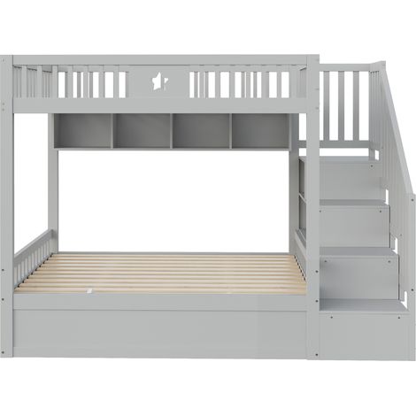Lit mezzanine 140 x 200 cm gris avec lit inférieur hydraulique, escalier de rangement et étagères (1/5)