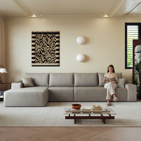 Sofá modular de 4 plazas de pana con chaise longue izquierda, sin montaje, camel