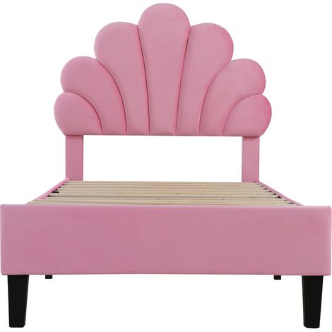 CAIziLit rembourré pour enfant 90 x 200 cm, cadre de lit avec tête de lit en forme de fleur et sommier à lattes, lit ado fille en tissu velours doux pour la peau, lit d'appoint (couleur: rose) (1/5)