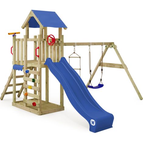 Parque infantil de madera Wickey MultiFlyer Light con Columpio y Tobogan para niños pequeños en azul