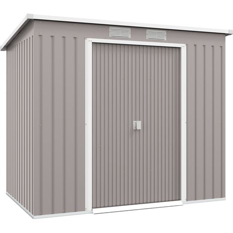 Abri rangement jardin métal outils kit fondation double porte aérations toit en pente, gris