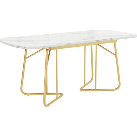 Table à manger extensible blanche effet marbre avec pieds métalliques dorés, 140/180 x 80 cm, style luxueux moderne (1/5)