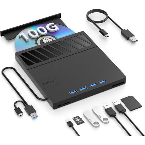 Lecteur Blu-ray externe 7 en 1, USB 3.0 de type C, Noir, Portable, Lecteur Blu-ray externe 100 Go, graveur Blu-ray externe 3D ultra fin avec port TF/SD, lecteur Blu-ray portable pour Windows (1/5)