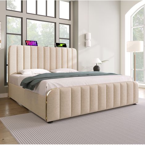 lit adulte double coffre 140x200 lin beige matelas H3 OKMYHOME (1/5)