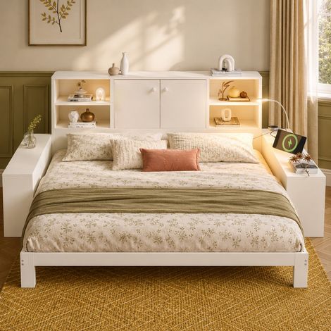 Stauraumbett 90x200 cm mit Ausziehbett und Stauraum, Holzbett erweiterbar auf 180x200 cm, mit USB-Anschluss, Typ-C und Leselicht, Weiß (1/5)