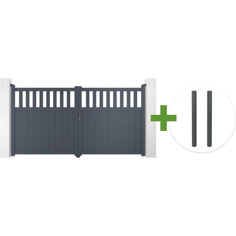 Portail battant 3m SANTIS H.160cm aluminium gris + 2 poteaux ELDA aluminium gris 15x15cm (1/5)