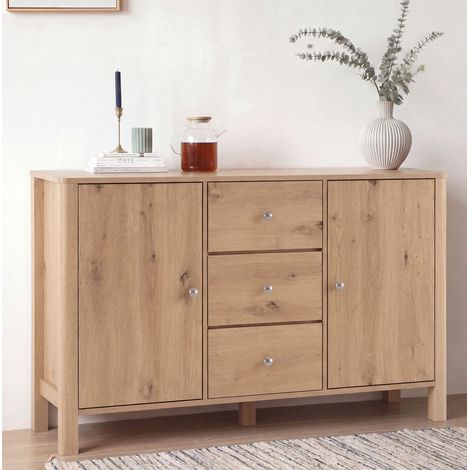 Buffet 120x40x80 cm avec 3 tiroirs et 2 portes, rangement pour salon, chambre ou entrée, bois chêne (1/5)