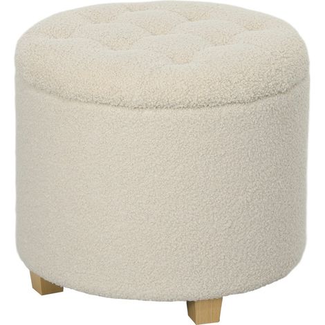 Pouf Rangement Capitonné- Couvercle- Effet Cachemire- Couloir Chambre Salon- Bois 45 x 41 x 45 (cm) Blanc Crème (1/5)