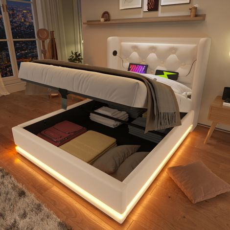 Cama almacenaje 90x200 cm con función de carga USB Tipo-C iluminación LED material PU blanco (Sin Colchón) (1/5)
