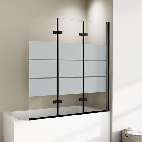 WDWRITTI Schwarz Duschwand für Badewanne 130x140 cm Badewannenaufsatz 3-teilig Duschtrennwand für Badewanne Duschwand Badewanne Faltwand Duschabtrennung Badewanne, 6mm ESG Glas mit Milchglas Streifen