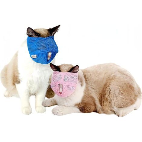 Lot de 2 - Muselière pour chat - Accessoire de toilettage - Réglable et respirante - Anti-ingestion pour extérieur - Rose et Bleu (1/4)