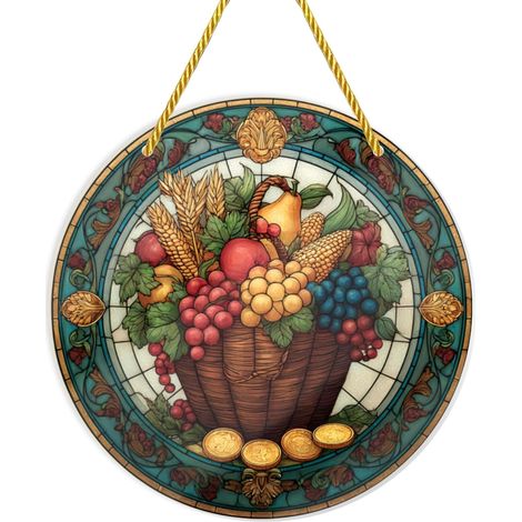 Panier de récolte d'automne en vitrail, panneau acrylique incassable 30 x cm, décoration murale (1/5)