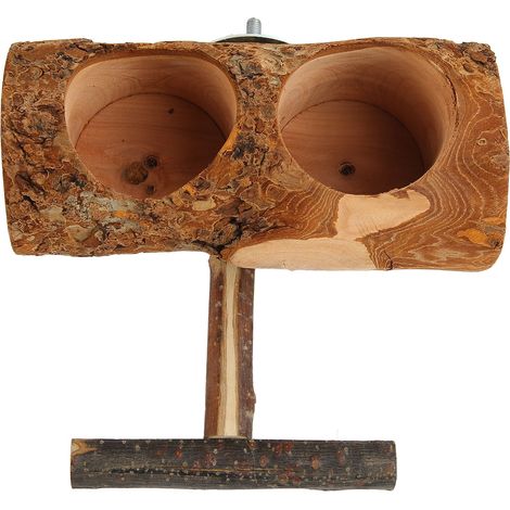 Mangeoire en bois naturel pour perroquets, avec double bol et abreuvoir avec perchoir, à installer dans les cages ou les zones d'élevage domestiques.-AquaForge (1/5)