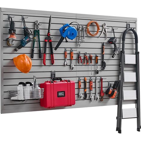 Panneau à Lattes Mural Garage, 1225 x 2450 mm, Panneau Rangement Outils PVC avec Accessoires, Porte-outils Muraux avec Crochets pour Affichage, Organisation, Stockage, Atelier, Artisanal, Gris (1/5)