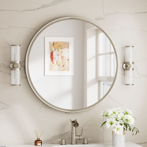 Keonjinn Miroir Mural Rond - 70 cm - Miroir Décoratif en verre trempé avec cadre en aluminium - À suspendre au mur - Salle de bain - Chambre - Salon - Entrée - Nickel brossé (1/5)