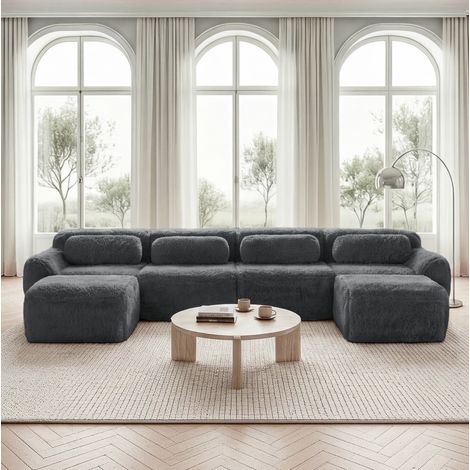 Divano modulare a U 4 posti in tessuto peluche grigio, senza montaggio, con cuscini, 378 cm (1/5)