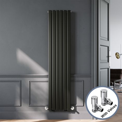 ELEGANT Designer Black Vertical Radiator 1800 x 408mm Double Panel Flat Panel Rads with Chrome Angled Radiator Valves (1/5)