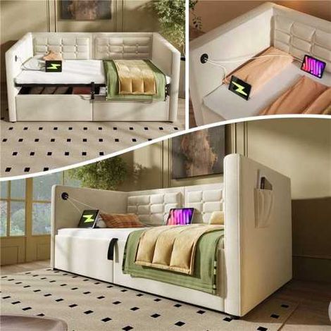 Polstertes Sofabett, Einzelbett Schlafsofa mit Hydraulischem Stauraum und USB & Type-C Ladestation, Gästebett mit Holzlattenrost, Samt, Ohne Matratze.