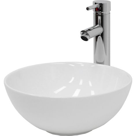 ECD Germany Lavabo per Bagno da Appoggio Ø 320x135 mm in Ceramica Bianca incl. Piletta di Scarico per Lavandini senza Troppopieno Lavello Rotondo Sanitari per Bagno