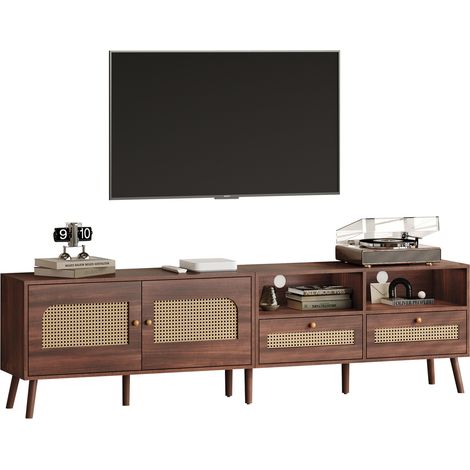 Meuble TV 80 pouces avec 2 portes en résine tressée et 2 tiroirs, 200 cm, structure en panneau de particules, brun, 8 pieds - CHICFURN (1/5)