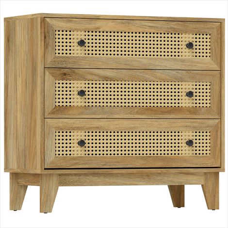 Commode 3 tiroirs cannage rotin aspect bois clair 80x35x76 cm, rangement chambre salon (1/5)