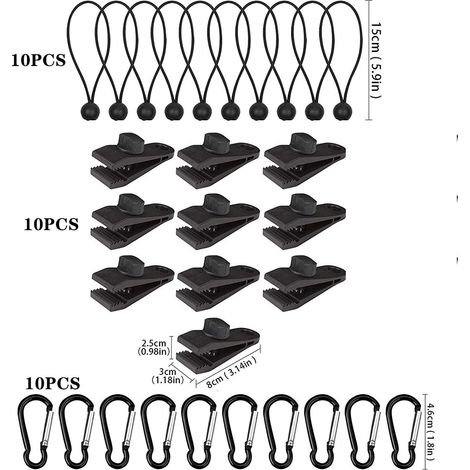 Kit de fixation pour bâche – 30 pièces : clips de verrouillage, tendeurs élastiques, mousquetons – Convient aux tentes, auvents et tonnelles (1/5)