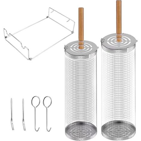 Lot 2 Paniers Grill Cylindriques Acier Inoxydable, Roulant 360°, avec Support, Poignée Amovible Bois, pour Légumes, Viande, Poisson,30+29cm (1/5)