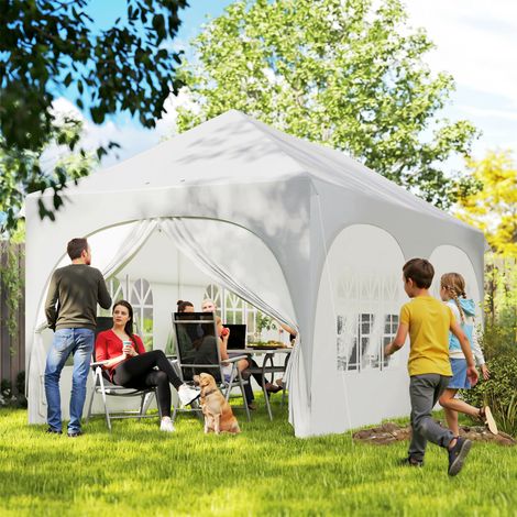 Tonnelle pliante barnum imperméable anti-UV 6 parois latérales 6 sacs de sable 12 trous de drainage 3x6m blanc