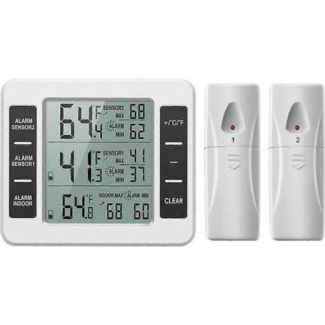 Drahtloses digitales Kühlschrankthermometer, verbesserte Version des digitalen Gefrierschrankthermometers, mit 2 Sensoren, akustischem Alarm und Anzeige der Innen-/Außentemperatur.