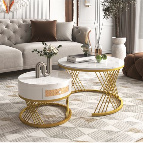 Table basse ronde 2 en 1 70/50 cm blanche – finition marbre et rangement (1/5)