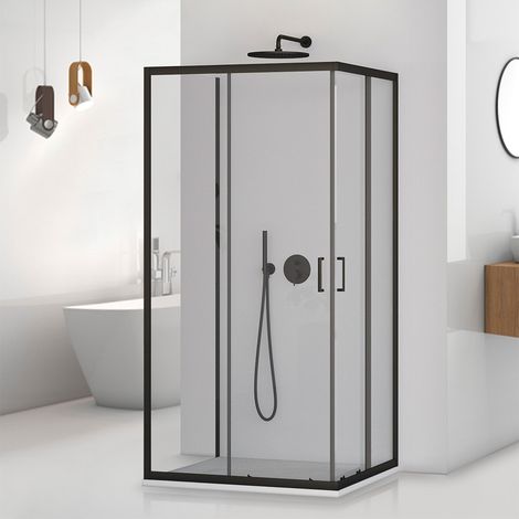 Box doccia 3 lati 80x80x80 in vetro temperato trasparente doppio scorrevole con profili neri Tay