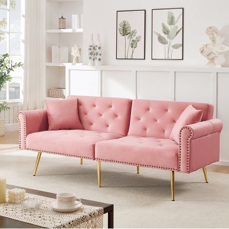 Canapé convertible 2 plazas de terciopelo rosa con respaldo ajustable 3 posiciones y cama 147x85 cm