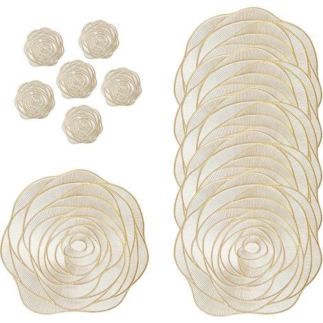 CSPARKV Set of 12, 6 Gold PVC Placemats Non-Slip and 6 Round Coasters Measuring Washable, High Quality Table Mats, European Style Pink Floral Design, Heat Resistant for Kitchen Table