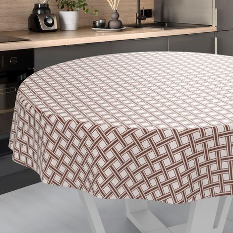 Nappe en Toile cirée, Lavable, pour Table de Jardin, extérieur et intérieur, Ronde, Bord coupé, Carreaux Beiges, 140 cm (1/5)