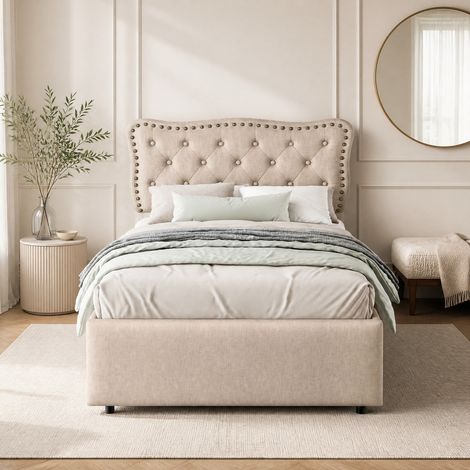 Cama tapizada 90x200 con cajones, MDF beige DESVIAE (1/5)