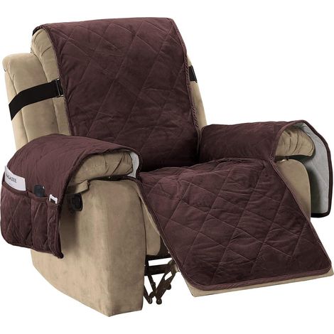 Housses de chaise longue matelassées en velours épais pour fauteuils et canapés lounge, avec dos antidérapant et larges sangles élastiques (très grande taille, marron) (1/5)