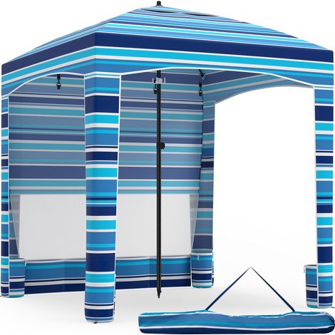 Tonnelle de Plage 185 x 185 cm, Abri Solaire Plage Portable avec Paroi Latérale Amovible, Hauteur Réglable, Sac de Transport, Crochets, Bleu (1/5)