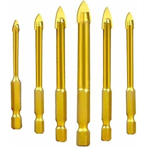 Forets pour Verre, Céramique, Carreaux, Cristal en Acier de Tungstène, avec Queue Hexagonale, Revêtement en Titane, 3mm, 4mm, 5mm, 6mm, 8mm, 10mm, Lot de 6 (1/4)