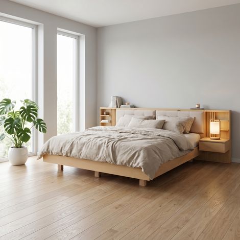 Cadre lit flottant 180x200cm king size,tête de lit rangement,port USB,tiroirs et étagères. Mobilier chambre adulte moderne. (1/5)
