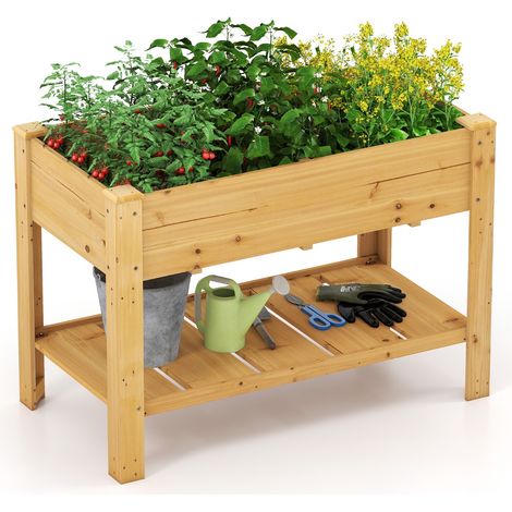 Jardinière Surélevée en Bois de Sapin Naturel 120 x 60 x 81 cm, Bac de Culture avec Étagère Basse et 5 Trous de Drainage, Potager Ergonomique pour Légumes Aromates Fleurs Intérieur Extérieur (1/5)