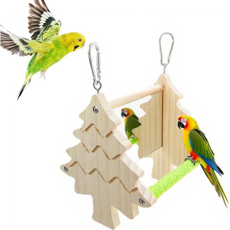 Mirror with Wooden Perch for Bird, Toy for Cage, Parrot Double Sided Mirror Perch Toy Decor Swing Hanging Wooden Pet Bird Stand Perch (1/5)