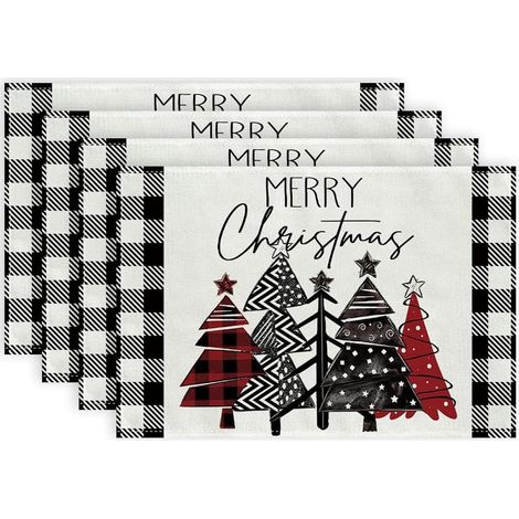 Ensemble de 4 sets de table de Noël, 30,5 x 45,7 cm, sets de table à carreaux noirs et blancs, en lin, motif sapins de Noël, sets de table pour l'hiver, les fêtes, la maison, la cuisine, décoration de (1/5)