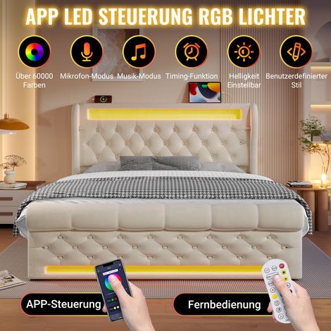 Lit double capitonné moderne 140x200 cm, lit capitonné avec lumières LED, tête de lit de rangement avec ports USB et Type-C, lit de rangement hydraulique, beige, velours (avec matelas)