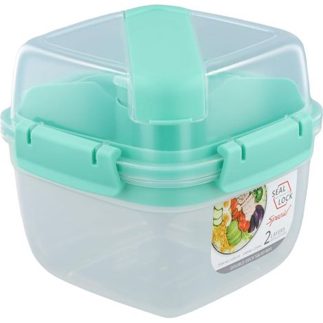 Boîte à lunch - Boîte à bento - Boîte à salade - 1300 ml avec compartiments - Cuillère réutilisable intégrée - Étanche - Saladier avec récipient pour vinaigrette, idéal pour le déjeuner, les collation (1/5)