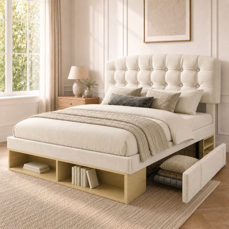 Cama doble de 140x190 cm, tapizada en terciopelo beige con somier de láminas, estructura con cabecero curvo regulable en altura, con cajones y espacio de almacenamiento. (1/5)
