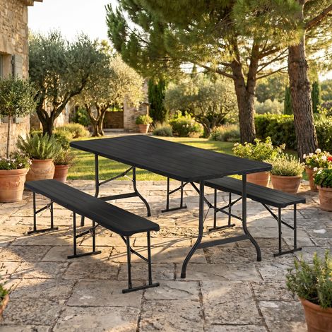 Table de camping pliante noire, table de 180 cm + 2 bancs, peut accueillir de 8 à 10 personnes, convient pour le jardin/la terrasse/le camping