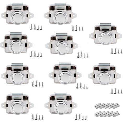 10 x Push Button Locks, 14-16 mm Furniture Locks, for Motorhomes, Yachts, Boats, RV Camping Cabinets, Caravans (Shiny Chrome) (1/4)