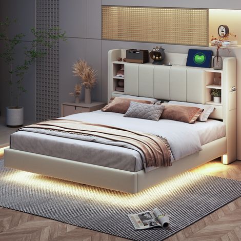Letto imbottito in tessuto beige 140x200 cm con USB, LED e contenitore nel testiera